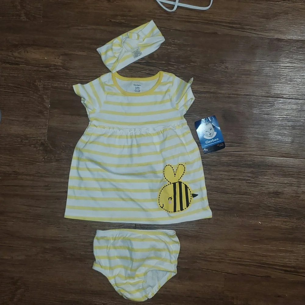 3-Piece Baby & Toddler Girls Bee Garden Dress, Diaper Cover & Headband Set 12 Mo - Picture 2 of 14